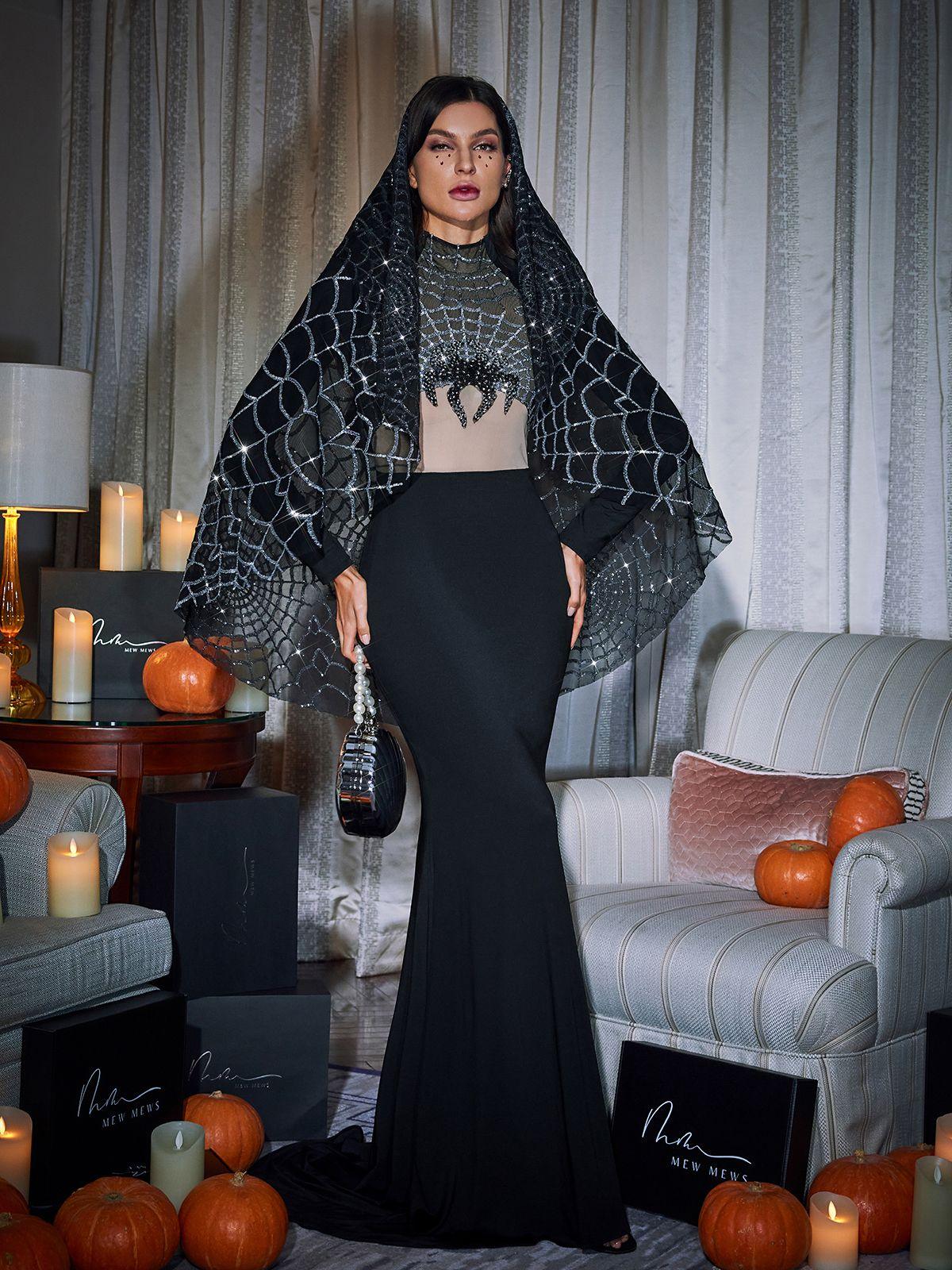 Mikki Long Sleeve Sequin Cobweb Maxi Dress