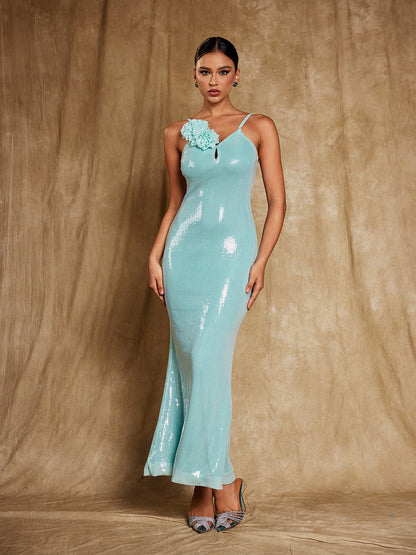 Nadiya Spaghetti Flower Sequin Maxi Dress