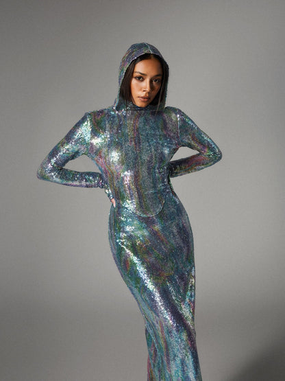 Nebraska Ombre Long Sleeve Hooded Maxi Dress In Light Blue