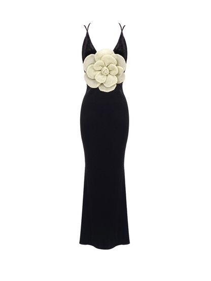 Nketiah Plunge Neck Flower Velvet Maxi Dress