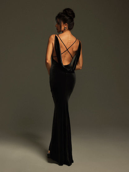 Nketiah Plunge Neck Flower Velvet Maxi Dress