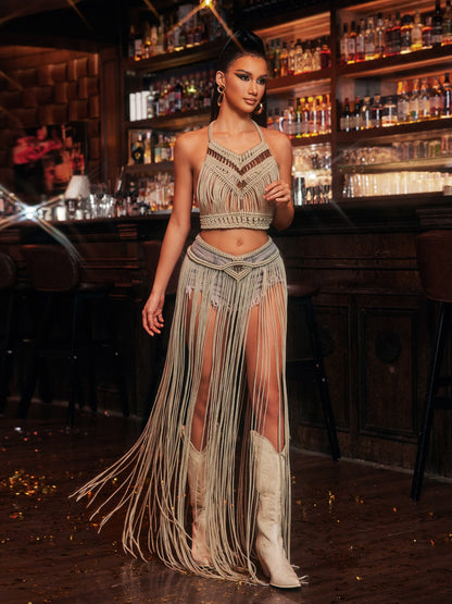 Nyxalith Halterneck Fringe Cover Up Skirt Set