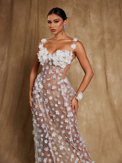 Oksana Spaghetti Flower Corset Maxi Dress In White