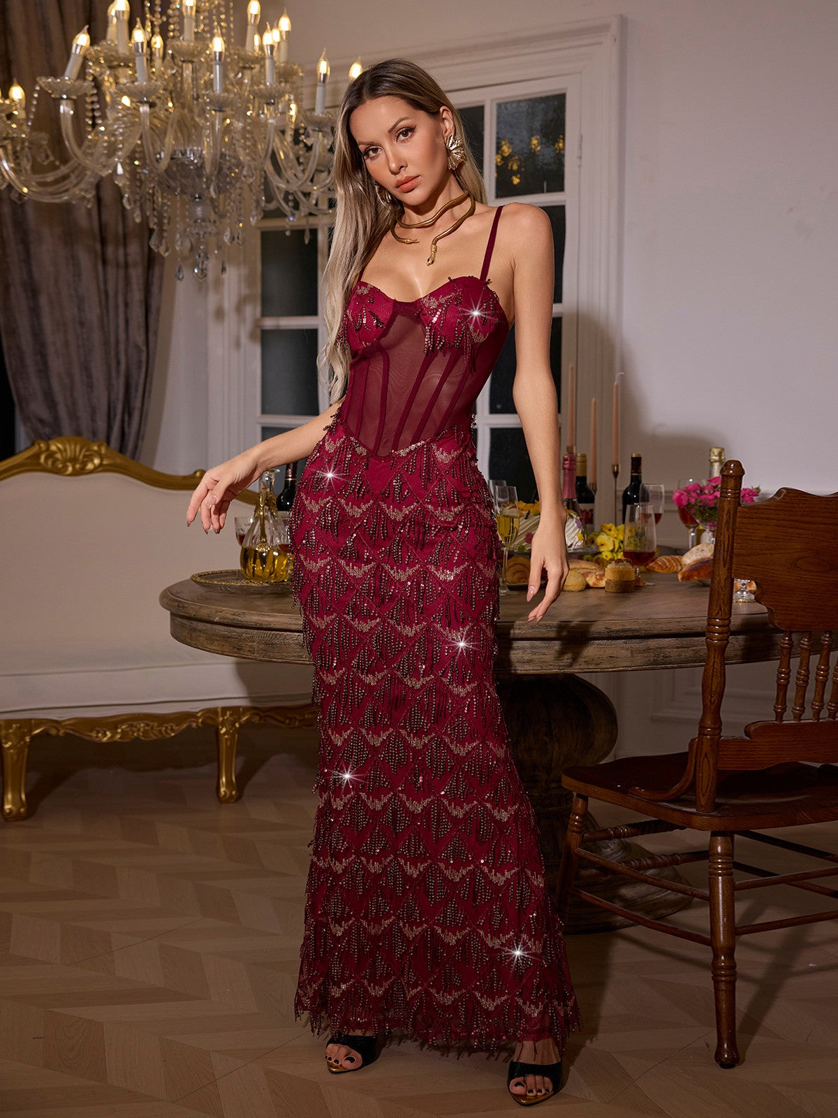 Ottis Sequin Fringe Maxi Dress In Red