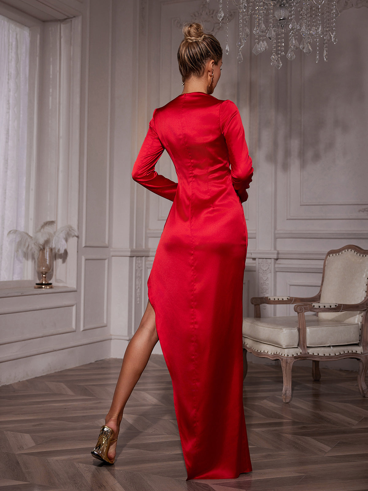 Ozuru Long Sleeve Flower Satin Dress