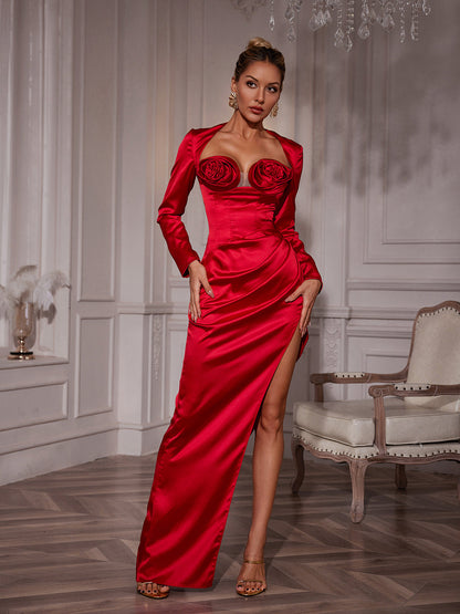 Ozuru Long Sleeve Flower Satin Dress