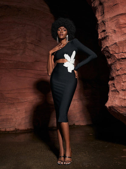 Patsy Flower Pearl Cutout Bandage Dress