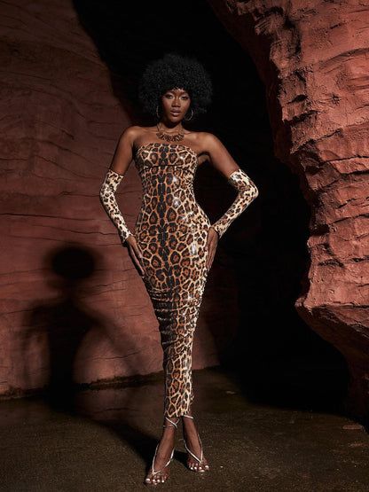 Peyton Strapless Leopard Sequin Maxi Dress