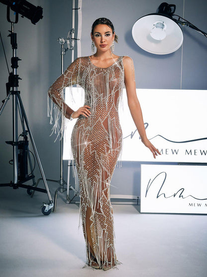 Quentin Printed Rhinestone Fringe Maxi Dress