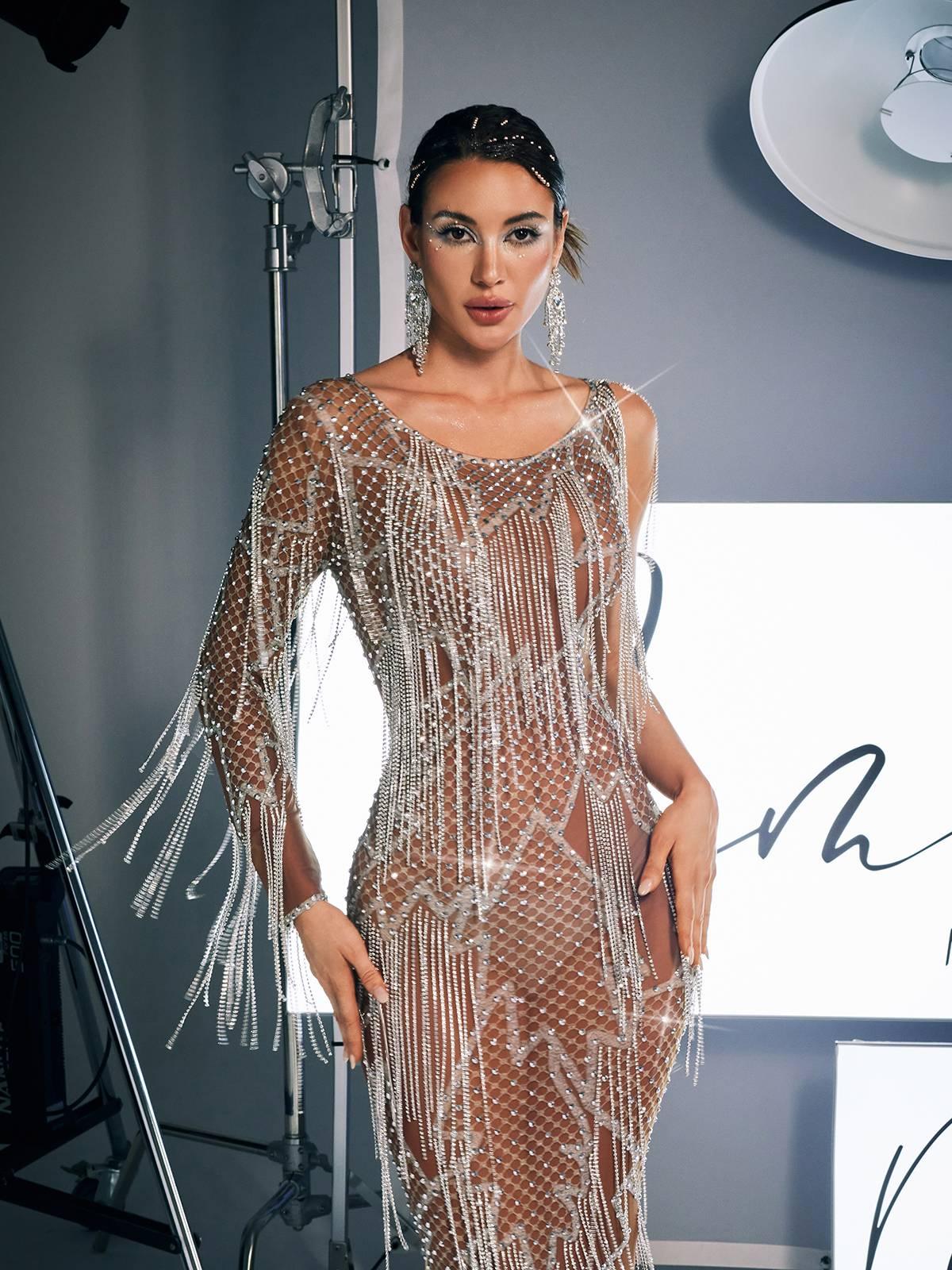 Quentin Printed Rhinestone Fringe Maxi Dress