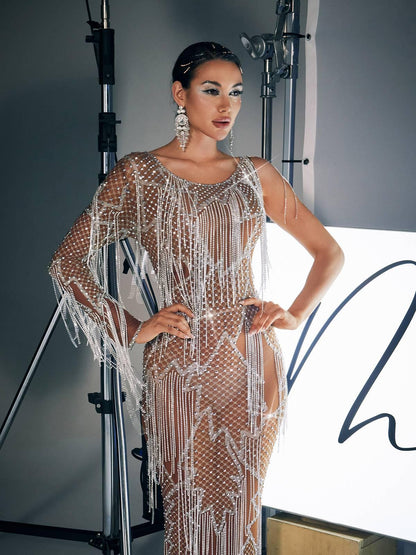 Quentin Printed Rhinestone Fringe Maxi Dress