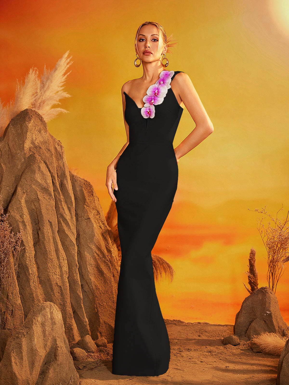 Rajiv One Shoulder Flower Bandage Maxi Dress In Black