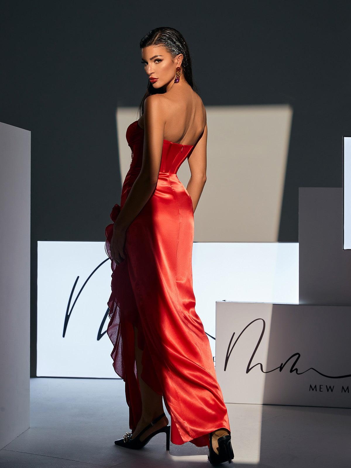 Raoul Strapless Lace Tulle Maxi Dress In Red
