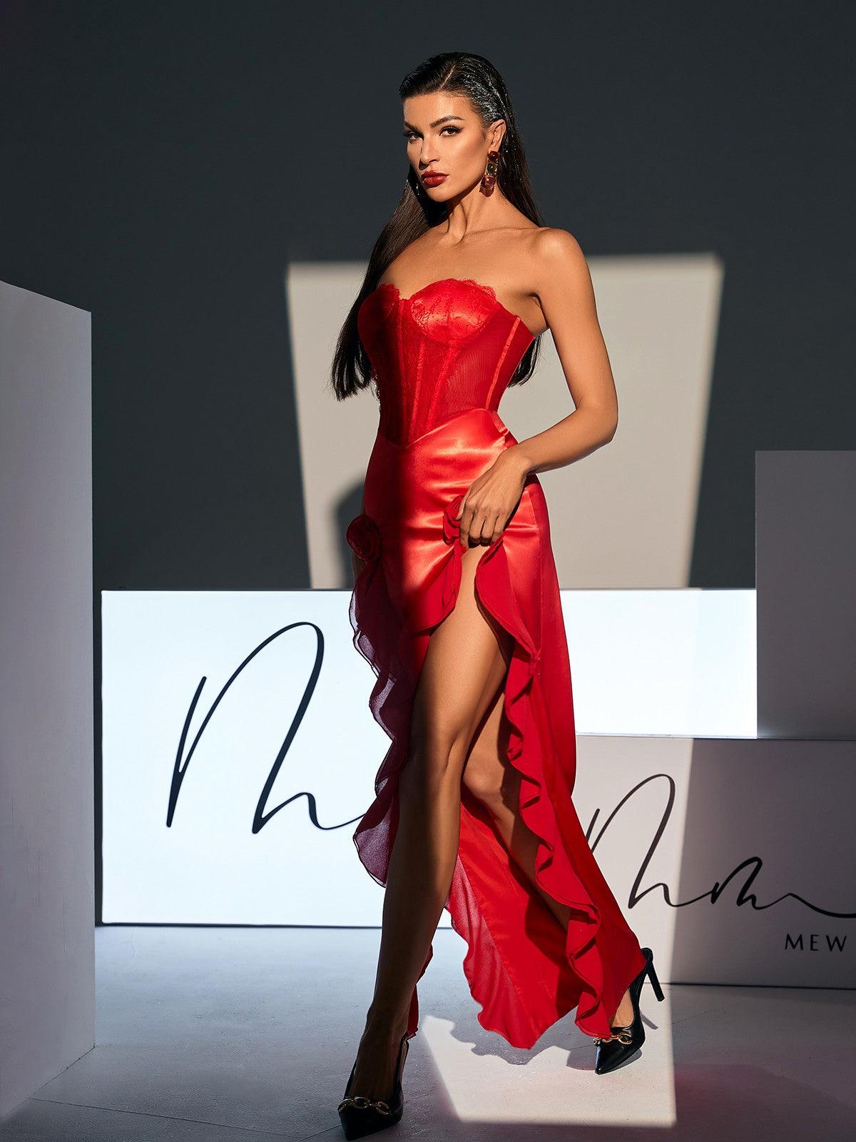 Raoul Strapless Lace Tulle Maxi Dress In Red