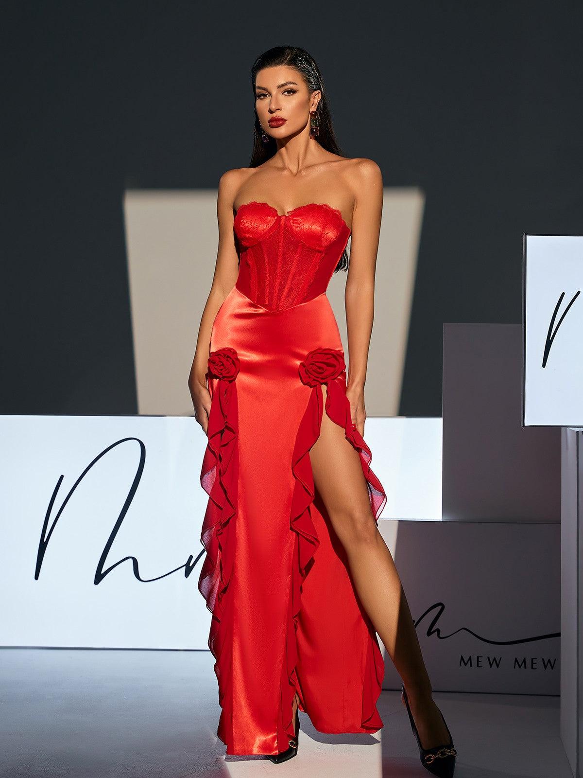 Raoul Strapless Lace Tulle Maxi Dress In Red