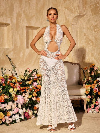 Ravhyx Halterneck Cutout Lace Maxi Dress