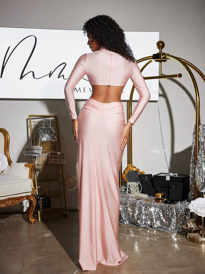 Renwick Long Sleeve Flower Cutout Maxi Dress In Pink