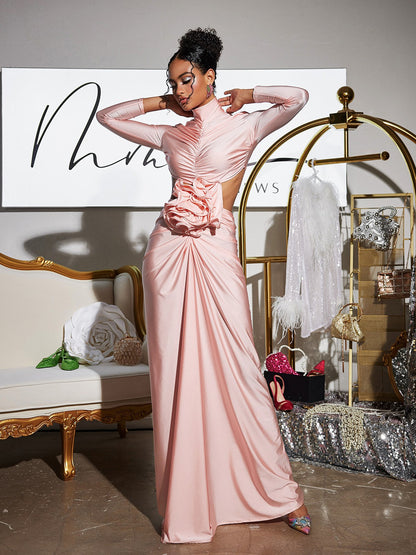 Renwick Long Sleeve Flower Cutout Maxi Dress In Pink