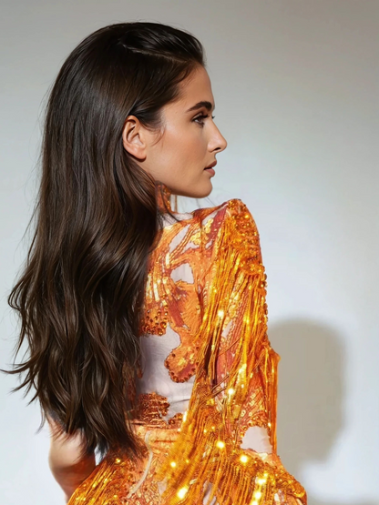Shatora One Shoulder Rhinestone Fringe Bodysuit In Orange