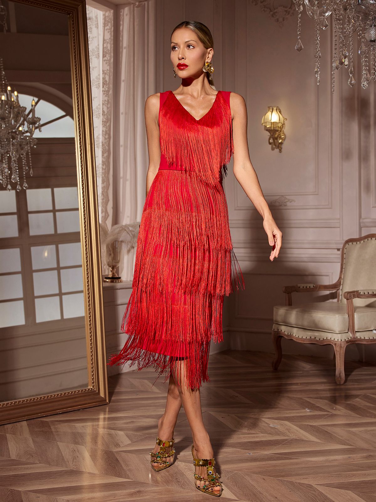 Sheadon V Neck Fringe Midi Dress