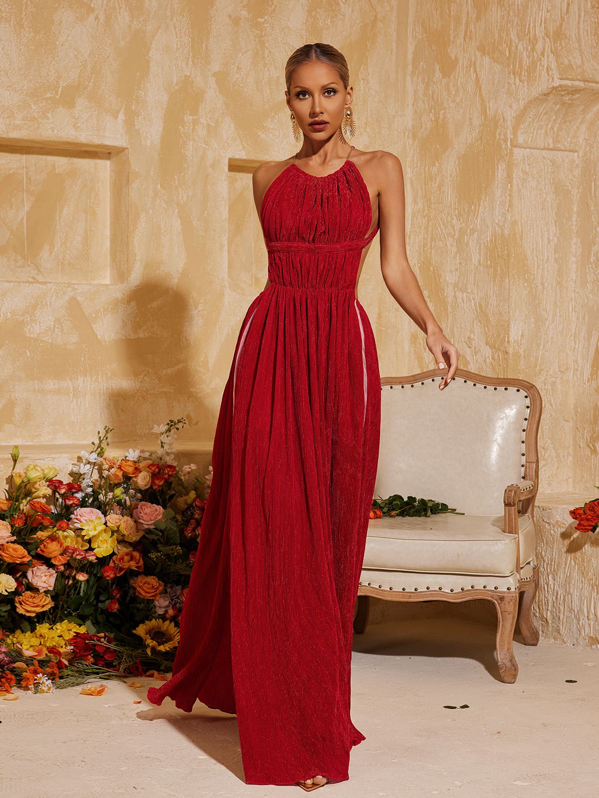 Tahlia Backless Glitter Ruched Maxi Dress