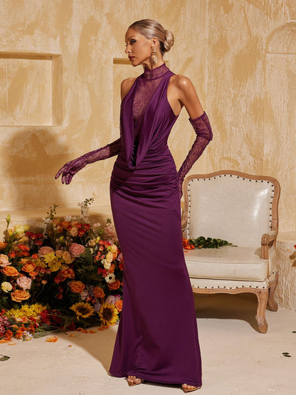 Tenley Halterneck Lace Maxi Dress With Gloves