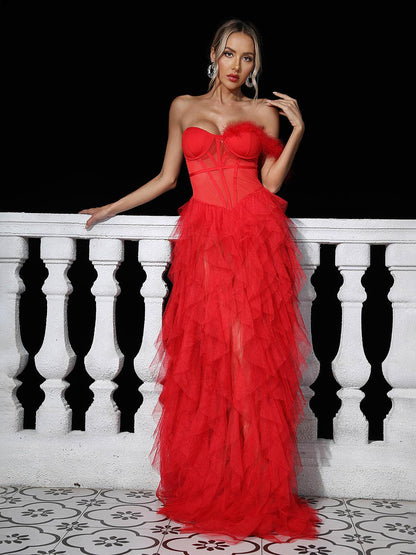 Titania One Shoulder Tulle Maxi Dress In Red