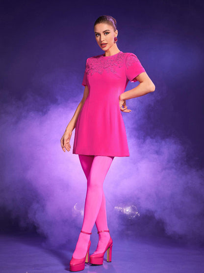 Wilder Jacquard Short Sleeve Mini Dress In Hot Pink