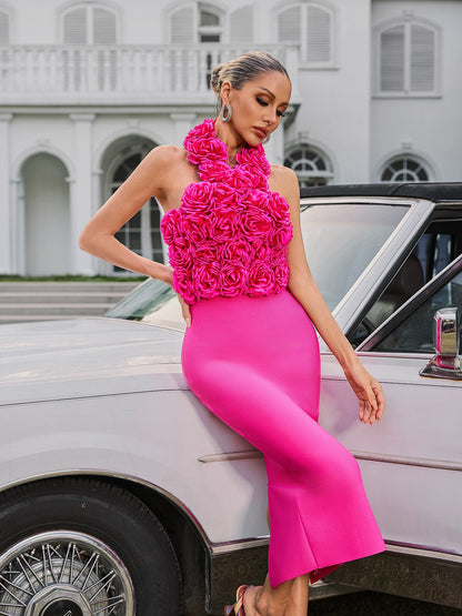 Wryssa Halterneck Flower Bandage Midi Dress