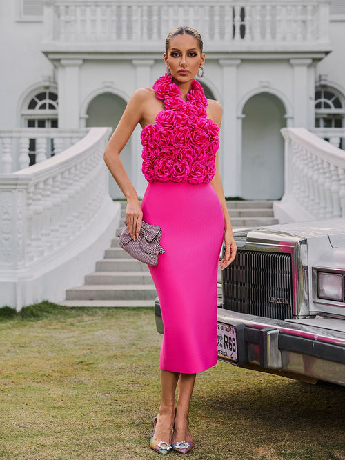 Wryssa Halterneck Flower Bandage Midi Dress