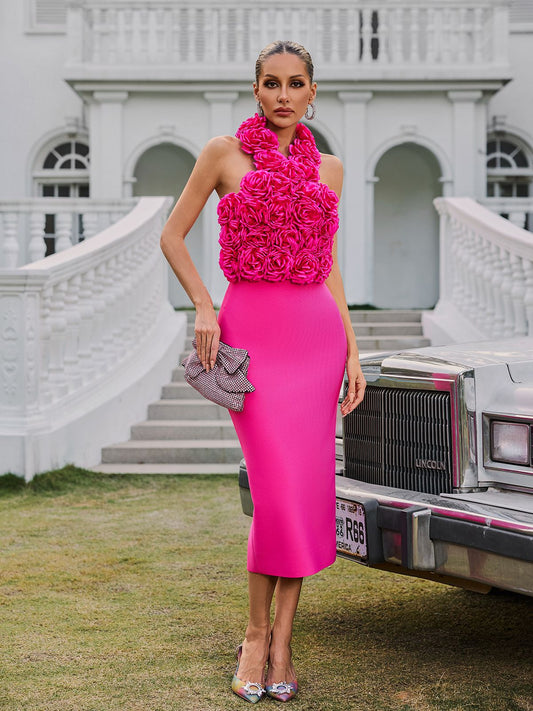 Wryssa Halterneck Flower Bandage Midi Dress