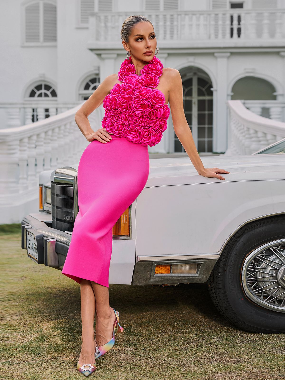 Wryssa Halterneck Flower Bandage Midi Dress