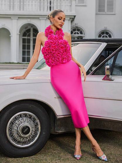 Wryssa Halterneck Flower Bandage Midi Dress