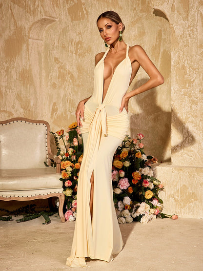 Wyxara Plunge Neck Ruched Split Maxi Dress