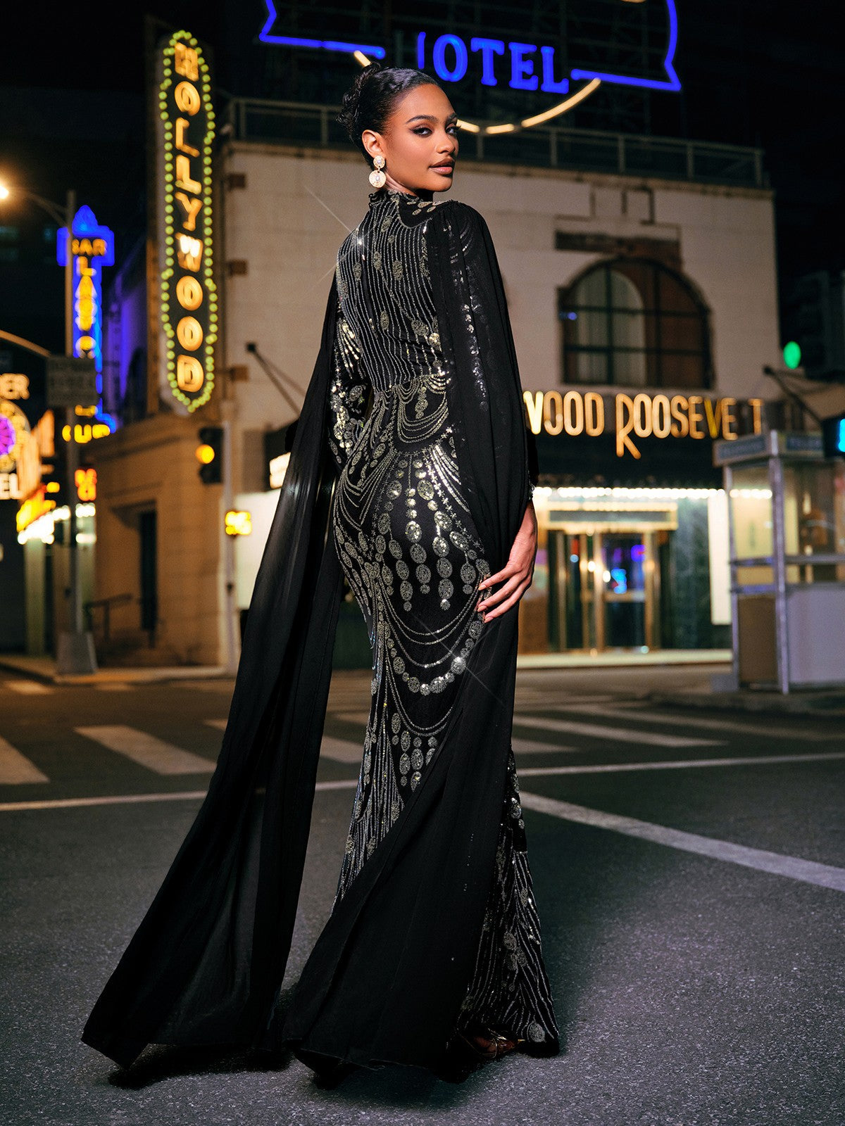Yuriy Long Sleeve Sequin Draped Maxi Dress