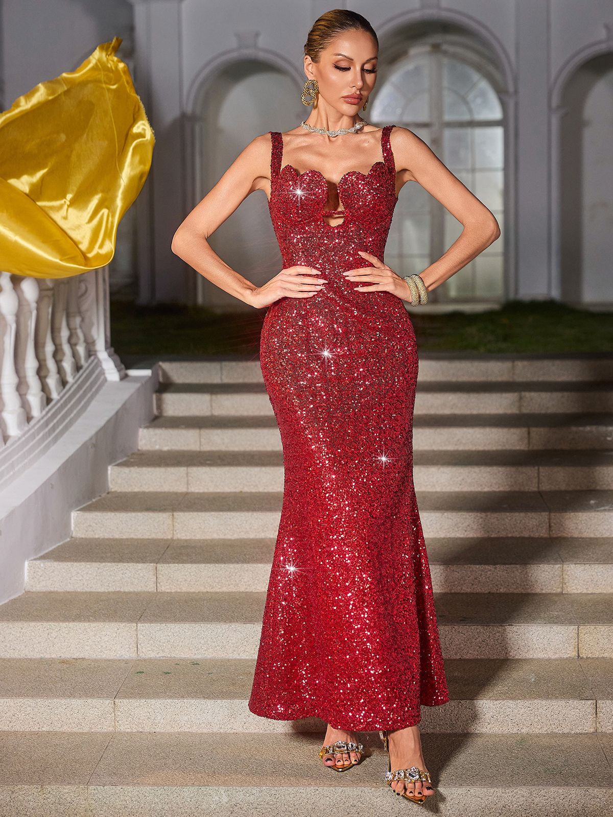 Zaelira Spaghetti Heart Sequin Midi Dress