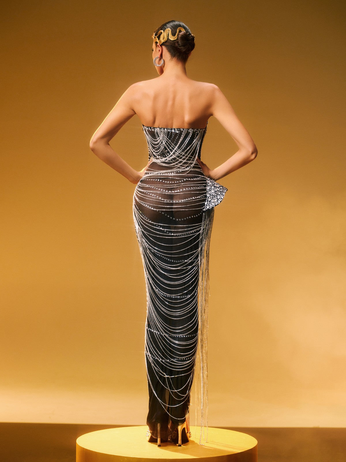 Zories Strapless Crystal Chain Fringe Maxi Dress