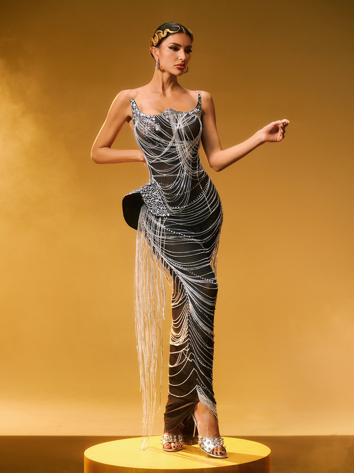 Zories Strapless Crystal Chain Fringe Maxi Dress