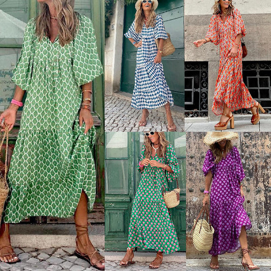 🌸Elegant Puff Sleeve Floral Boho Maxi Dress